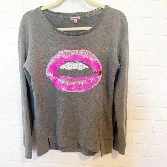 Juicy Couture Sequin Lips Sweater Pink Red Gray Size Medium - Picture 5 of 13